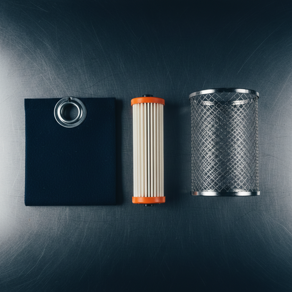 Felt filter bag with snap ring collar, pleated filter cartridge and stainless restrainer basket arranged on a workbench
