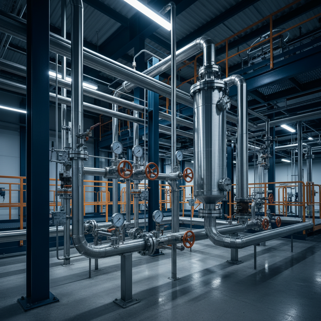 Vertical filter vessel installed in a dense stainless steel chemical process line with valves and gauges
