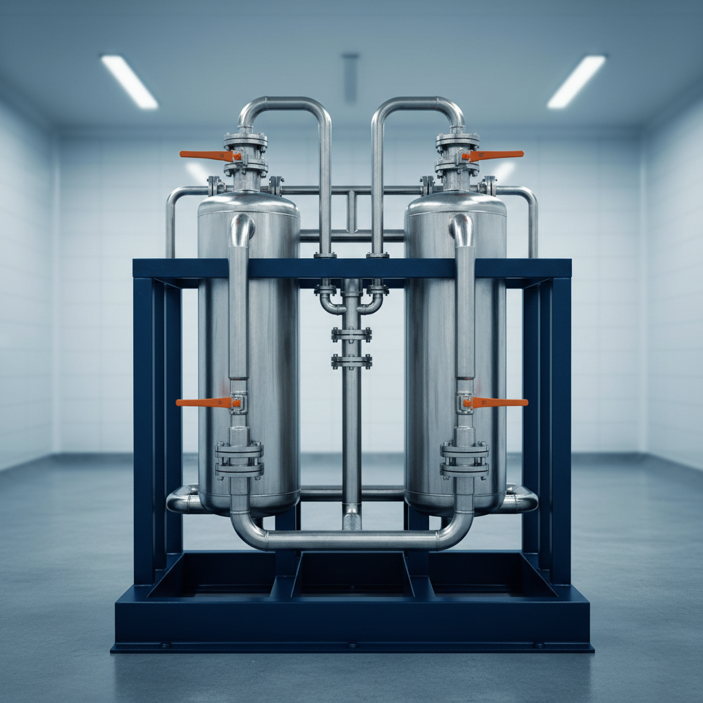 Two identical vertical stainless filter vessels plumbed in parallel on one skid with a shared isolation valve manifold
