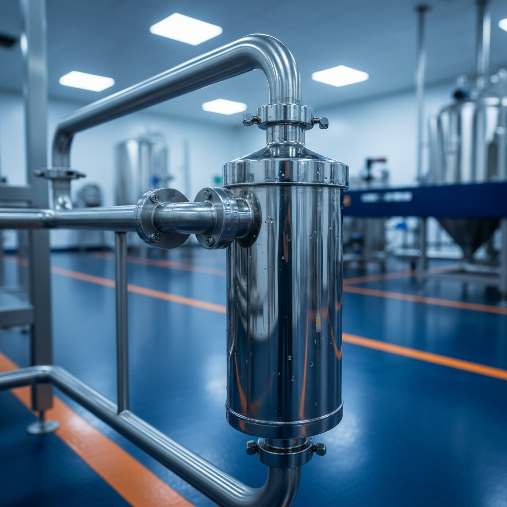 Mirror-polished sanitary stainless filter housing with tri-clamp fittings on a hygienic production floor