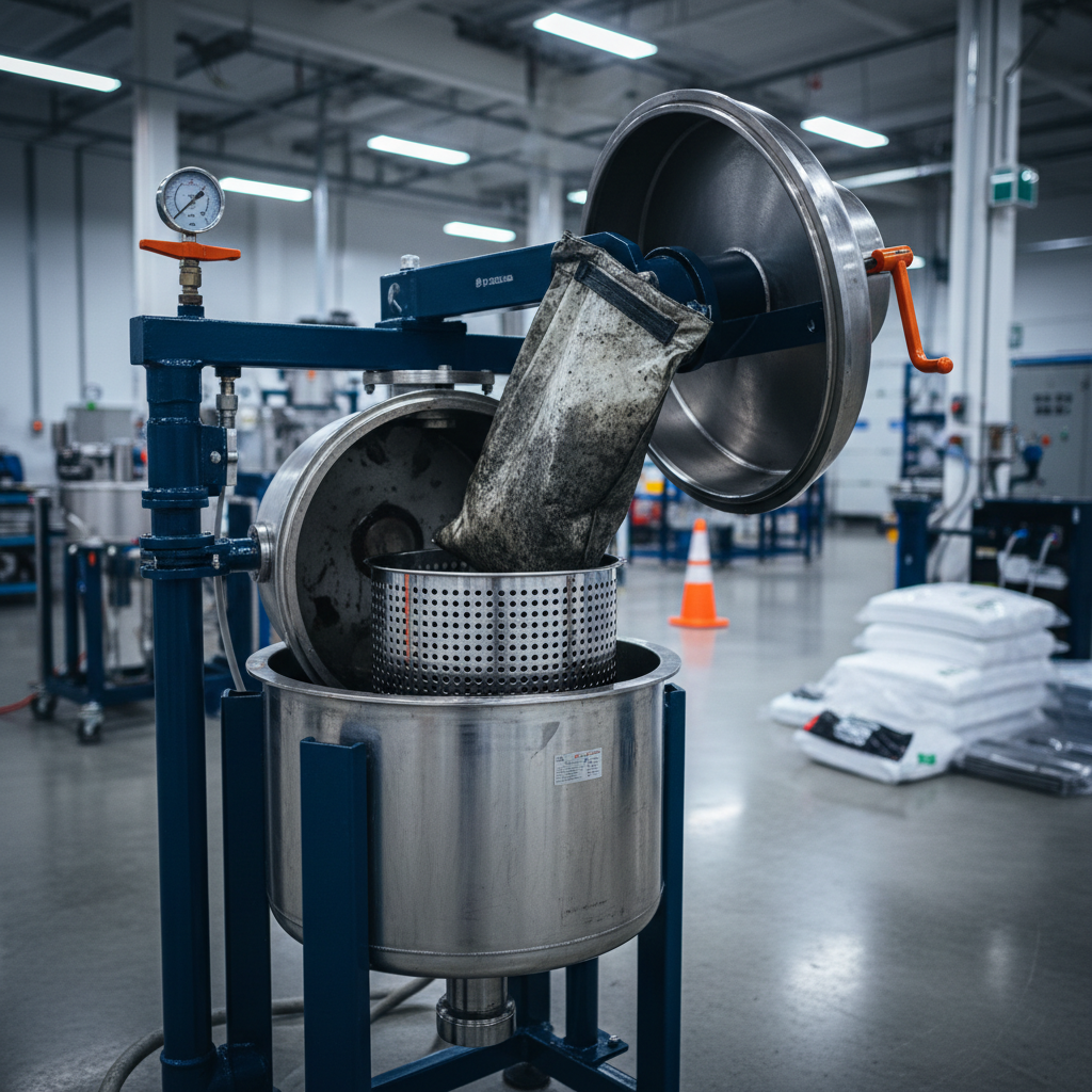 Opened filter vessel with the cover swung aside on its davit arm and a spent filter bag being lifted from the restrainer basket
