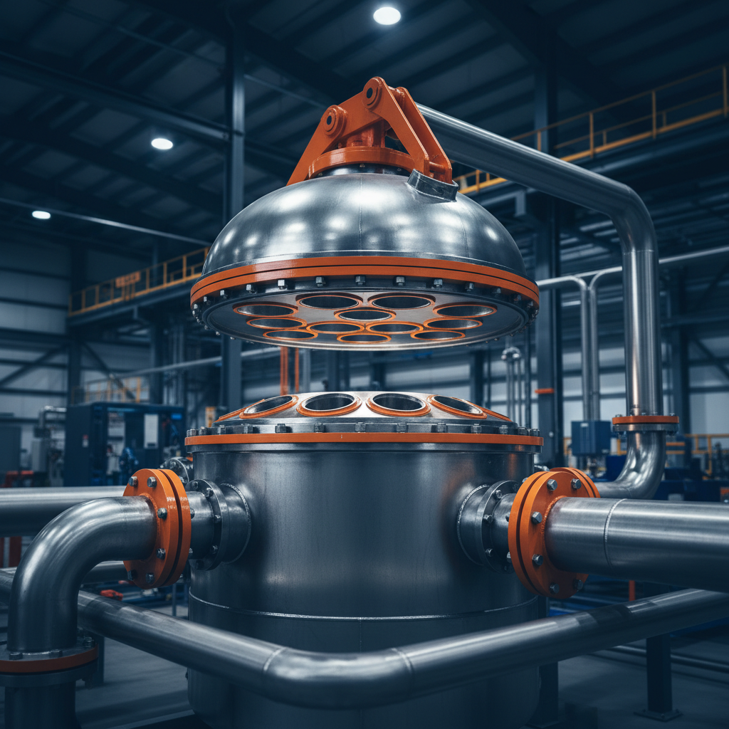Large stainless steel multi-bag filter vessel with its domed cover raised on a davit arm exposing the internal tube sheet