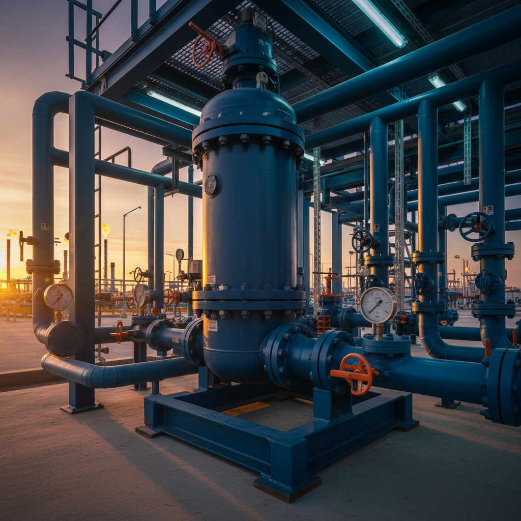 Carbon steel filter vessel with heavy flanged connections mounted on a pipeline skid at an oil and gas site