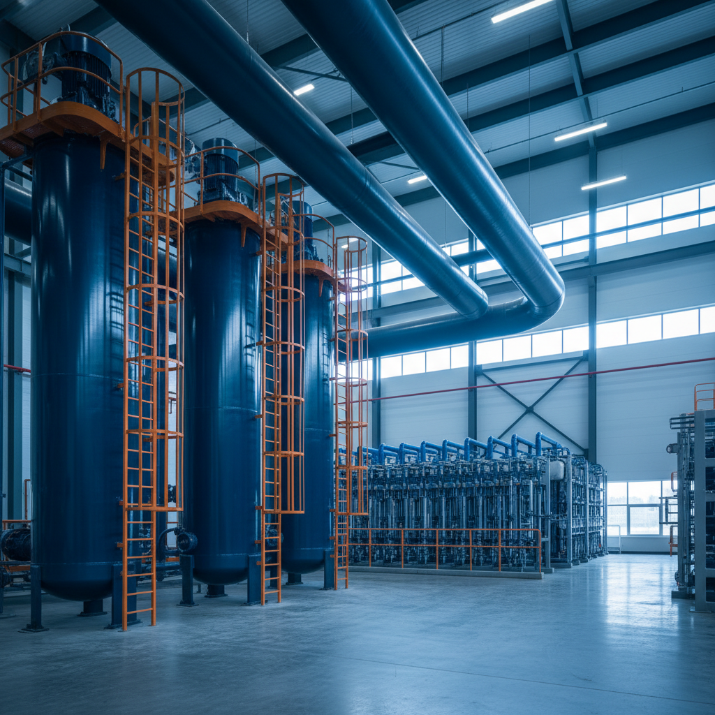 Banks of vertical filter vessels ahead of membrane skids in a bright modern water treatment hall